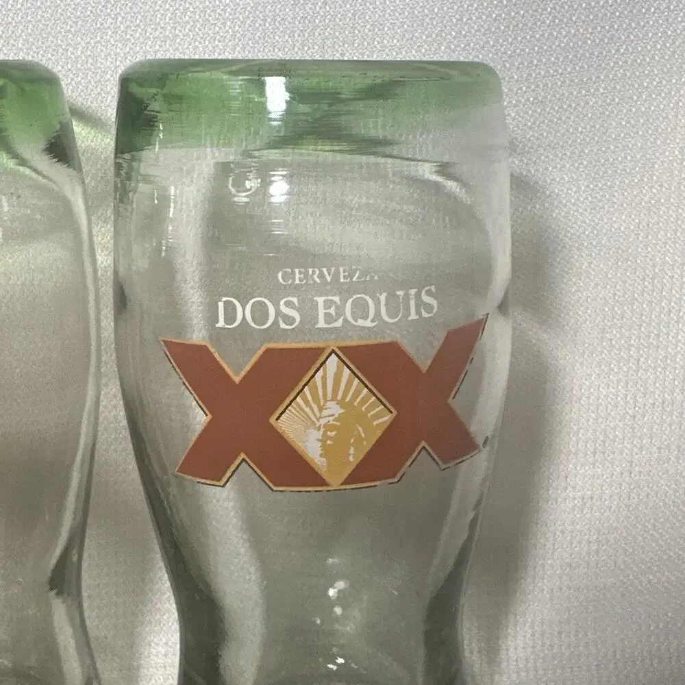 Dos Equis XX Hand Blown Beer Glasses Heavyweight Thick Bubbles Green Rim Set 4